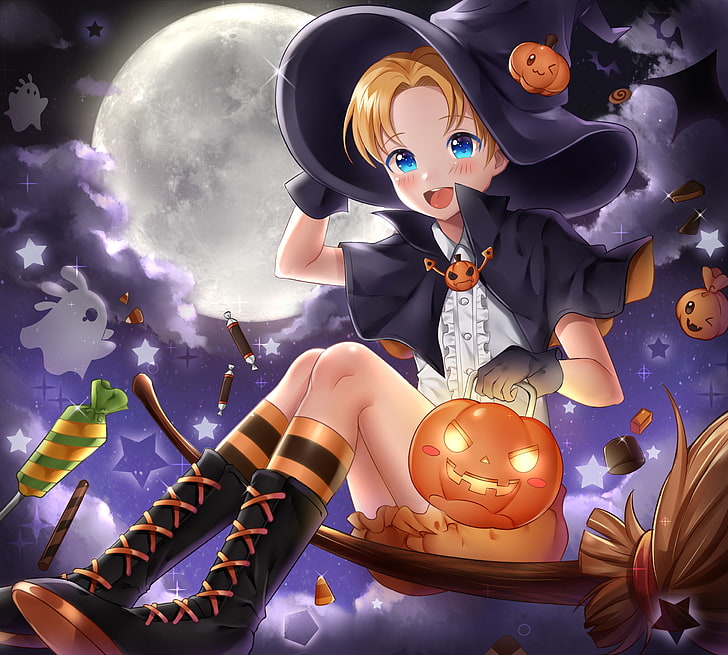 anduin wrynn, halloween, styl anime, księżyc, czarownica, anime, Tapety HD