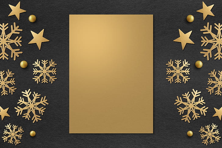 winter, snowflakes, frame, golden, black background, black, Christmas, background, HD wallpaper