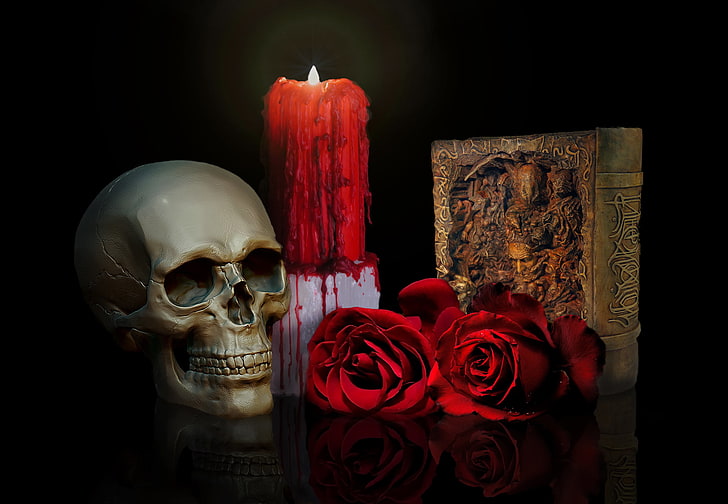 красная колонна свеча, две красные розы и серый череп, череп, розы, свеча, книга, HD обои