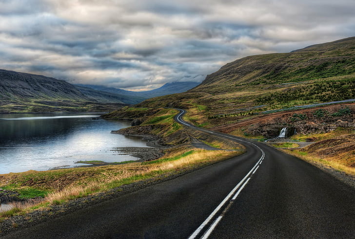 asphalt road surrounded by body of water, asphalt, body of water, customs, com, travel  blog, photography, photoblog, hdr, high  dynamic  range  imaging, digital  processing, software, tutorial, world, Europe, Iceland, Ísland, island, north atlantic, midatlantic ridge, cold, krafla, caldera, geothermal, volcanic, feature, geology, geological, myvatn, Mývatn, lake, eutrophic, road, twisting, distance, water, mountains, sky, clouds, distant, trip, isolated, desolate, mosquito, fly, midge, nikon d3x, nature, landscape, mountain, highway, outdoors, scenics, travel, HD wallpaper