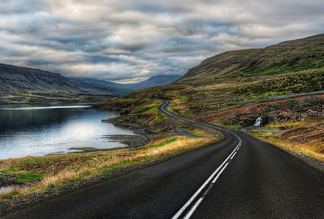 asphalt road surrounded by body of water, asphalt, body of water, customs, com, travel  blog, photography, photoblog, hdr, high  dynamic  range  imaging, digital  processing, software, tutorial, world, Europe, Iceland, Ísland, island, north atlantic, midatlantic ridge, cold, krafla, caldera, geothermal, volcanic, feature, geology, geological, myvatn, Mývatn, lake, eutrophic, road, twisting, distance, water, mountains, sky, clouds, distant, trip, isolated, desolate, mosquito, fly, midge, nikon d3x, nature, landscape, mountain, highway, outdoors, scenics, travel, HD wallpaper HD wallpaper