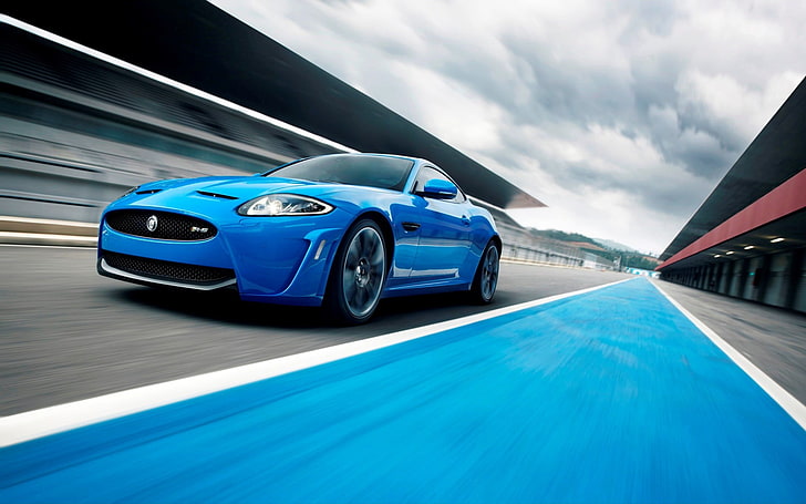 Modèle moulé sous pression coupé bleu et noir, Jaguar, Jaguar XKR-S, Jaguar XKR, voitures bleues, voiture, floue, Fond d'écran HD