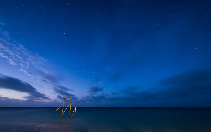 mar, cielo, noche, horizonte, estrellas, Fondo de pantalla HD