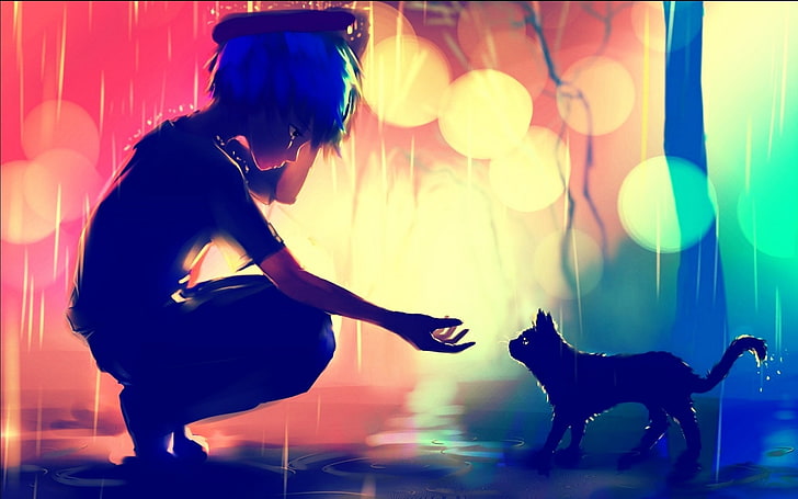 anime garçon, chat, tristesse, vue de profil, bokeh, pleuvoir, Anime, Fond d'écran HD