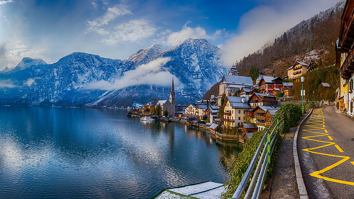 Austria, przyroda, salzkammergut, chmury, jezioro, góra, hallstatt, pasmo górskie, wioska górska, hallstattersee, alpy, jezioro hallstatt, poranek, hallstatter See, turystyka, wieś, Tapety HD