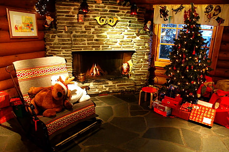 pohon, natal, perapian, hadiah, liburan, mainan, pohon, natal, perapian, hadiah, liburan, mainan, Wallpaper HD HD wallpaper