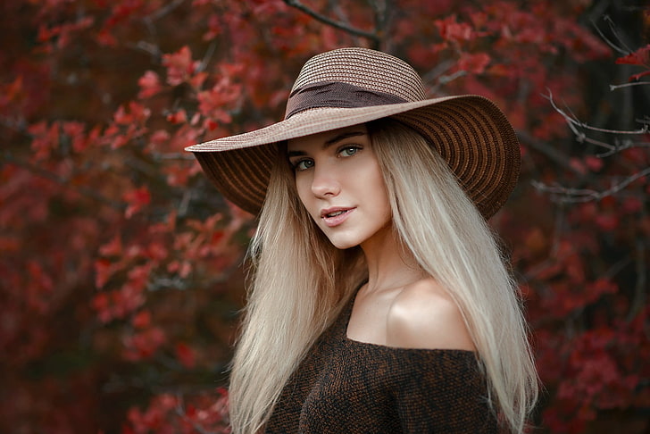 women, model, portrait, blonde, hat, long hair, HD wallpaper
