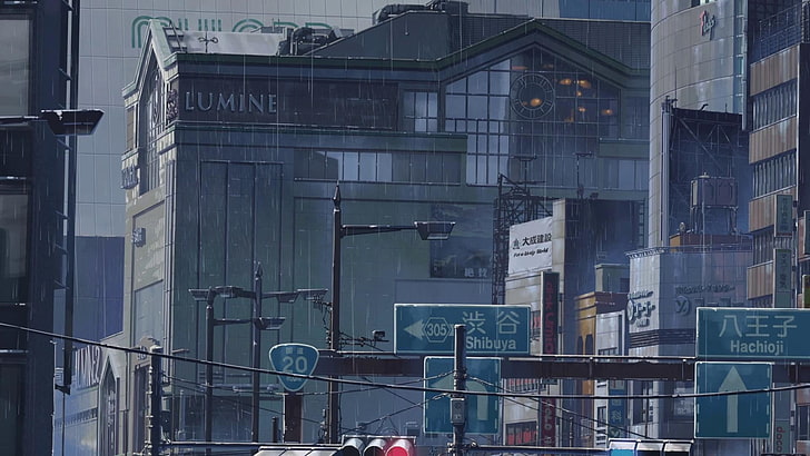gray concrete building, anime, city, rain, signs, building, HD wallpaper