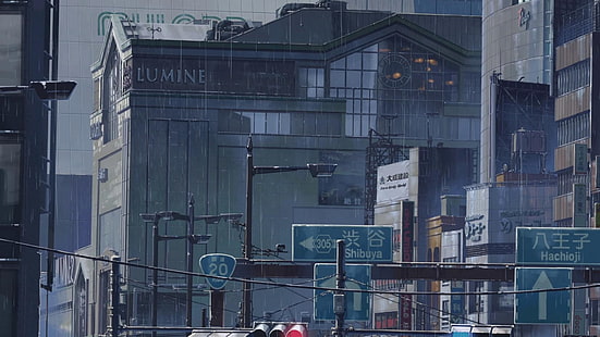 grå betongbyggnad, anime, stad, regn, skyltar, byggnad, HD tapet HD wallpaper