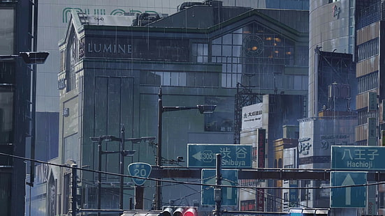 skyltar, byggnad, anime, regn, stad, HD tapet HD wallpaper