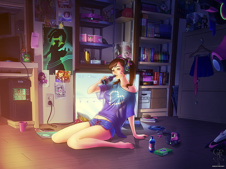 blue crew-neck top, D.Va (Overwatch), Overwatch, Blizzard Entertainment, video games, legs, see-through clothing, Lúcio (Overwatch), shorts, thighs, pigtails, headsets, feet, barefoot, HD wallpaper