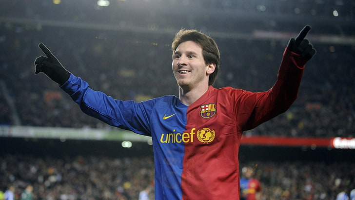 camisa de futebol vermelha e azul masculina, Lionel Messi, FC Barcelona, HD papel de parede