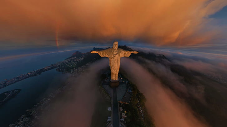 Фантастичен изглед на Христос Изкупителя в Рио, статуята на Христос Изкупителя, град, облаци, статуя, изглед, планина, дъга, природа и пейзажи, HD тапет