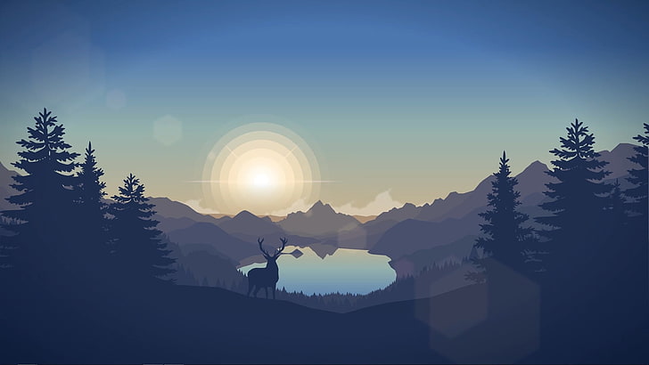 lake surrounded by mountains graphic wallpaper, landscape, deer, Sun, pine trees, mountains, Firewatch, HD wallpaper