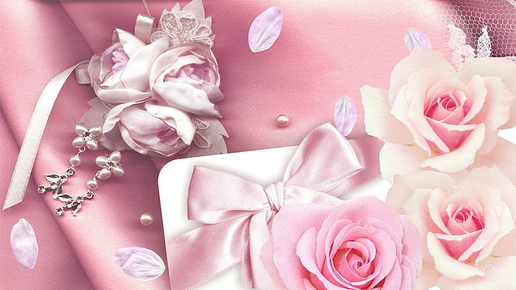 Feminine Pinks, feminine, ribbon, pink roses, silk, lace, pearls, petals, 3d and abstract, HD wallpaper
