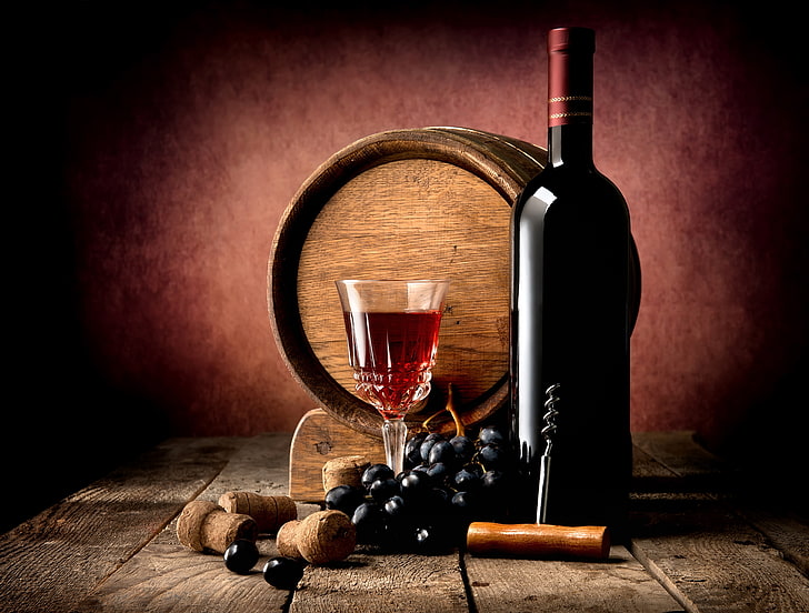 table, wine, red, Board, glass, bottle, grapes, tube, twilight, barrel, corkscrew, HD wallpaper
