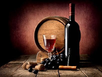стол, вино, красное, доска, бокал, бутылка, виноград, труба, сумерки, бочка, штопор, HD обои HD wallpaper