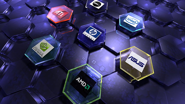 логотипы нескольких компьютерных брендов, nvidia, AMD, интернет, intel, ATI, art, логотипы, Hi-Tech, Asus, бренд, HD обои