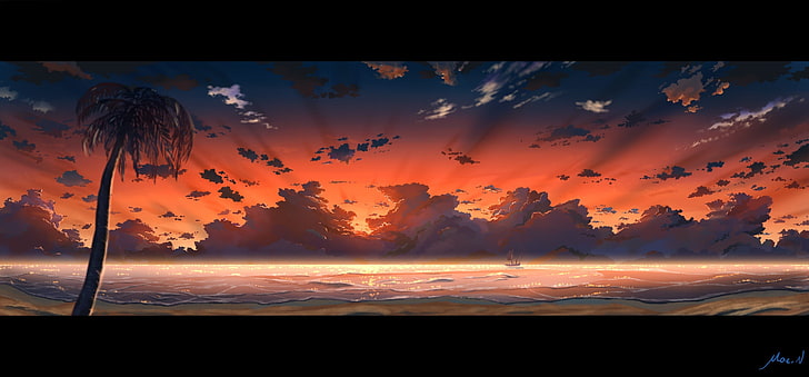 Schwarz-Weiß-Flachbildfernseher, Kunstwerk, Meer, Wolken, Himmel, Palmen, Anime, Horizont, HD-Hintergrundbild