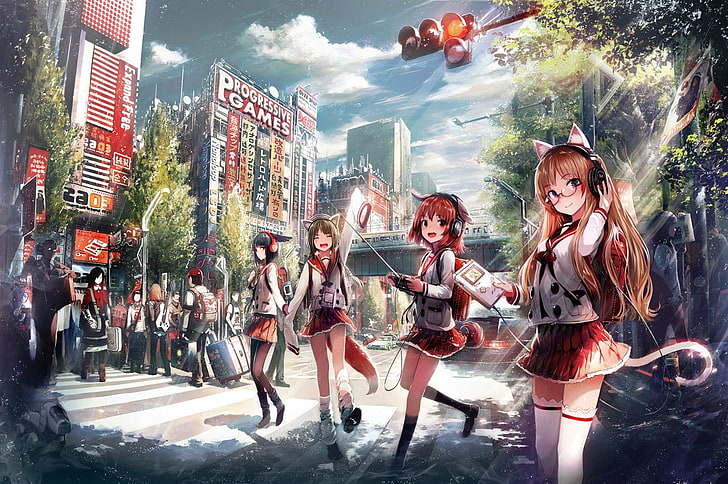 original characters, anime girls, school uniform, cat girl, fox girl, animal ears, tail, city, sky, HD wallpaper