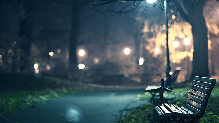 Lanternas de banco em um parque, banco de madeira preto, banco, paisagens urbanas, café, lanternas, noite, parque, caminho, árvores, HD papel de parede