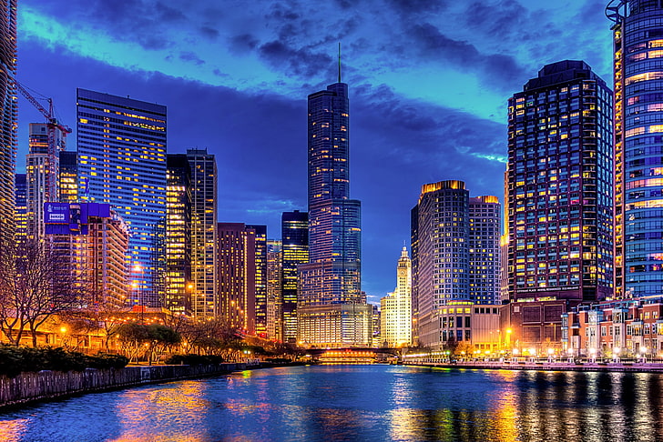 градска снимка, Stritervill, Чикаго, Илинойс, САЩ, град, нощ, небостъргач, кула, небостъргачи, сгради, къщи, река, светлини, светлина, отражение, HD тапет