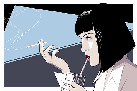 жена, отпиваща напитка, докато държи рисуване на цигари, Pulp Fiction, Ума Търман, Крейг Дрейк, Миа Уолъс, цигари, фен арт, филми, HD тапет HD wallpaper