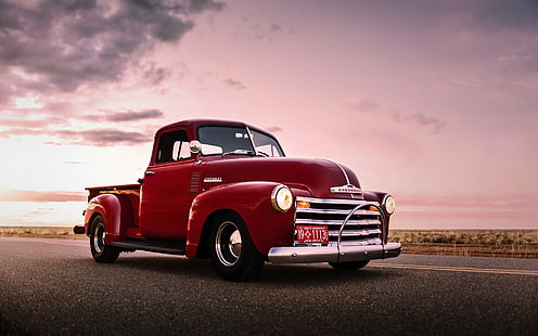 red utility truck, car, chevrolet, retro, old, pickup, lunchbox photoworks, HD wallpaper HD wallpaper