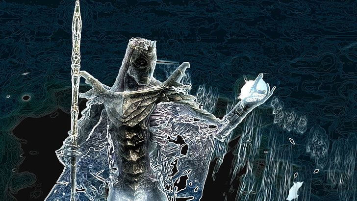 homme tenant une sphère avec une lance illustration, The Elder Scrolls V: Skyrim, jeux vidéo, Fond d'écran HD