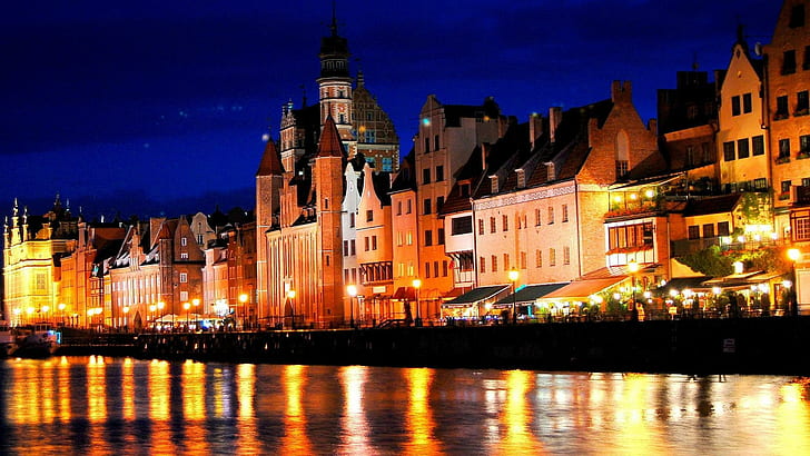 Beira-rio Em Gdansk Pol, reflexão, luzes, cidade, beira-rio, noite, natureza e paisagens, HD papel de parede