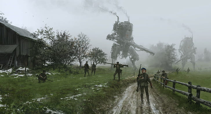 illustration, landscape, robot, soldier, science fiction, Jakub Różalski, mech, HD wallpaper