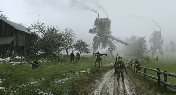 иллюстрация, пейзаж, робот, солдат, научная фантастика, Якуб Ружальский, мех, HD обои HD wallpaper