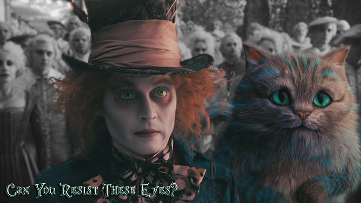 film, Alice in Wonderland, kucing, Johnny Depp, Mad Hatter, Cheshire Cat, Wallpaper HD