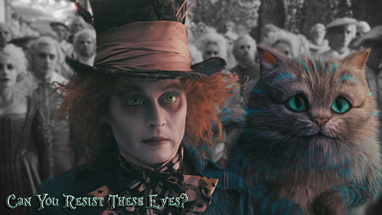 film, Alice in Wonderland, kucing, Johnny Depp, Mad Hatter, Cheshire Cat, Wallpaper HD HD wallpaper