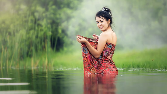 abito da donna tribale rosso e blu, donna, modello, acqua, asiatico, Sfondo HD HD wallpaper