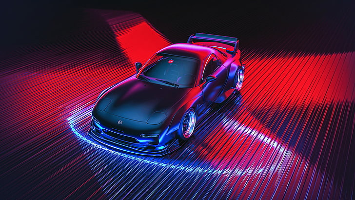 черна кола илюстрация, кола, Khyzyl Saleem, дигитално изкуство, Mazda RX-7, HD тапет