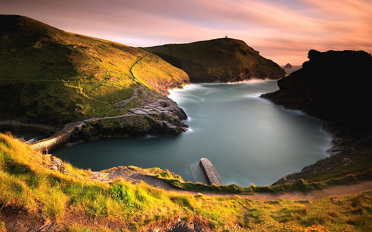 nature, landscape, harbor, bay, hills, grass, England, coast, sea, path, HD wallpaper