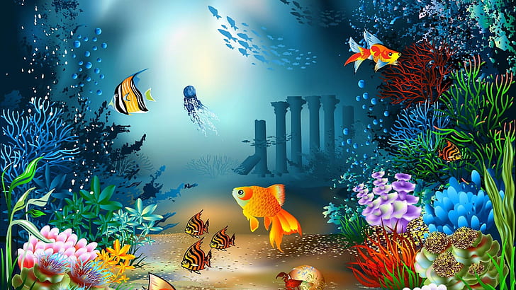 under vattnet, illustration, tecknad film, fisk, fantasikonst, fiskar, sealife, hav, HD tapet