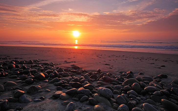 石の海、灰色の岩場と夕日、自然、風景、 HDデスクトップの壁紙