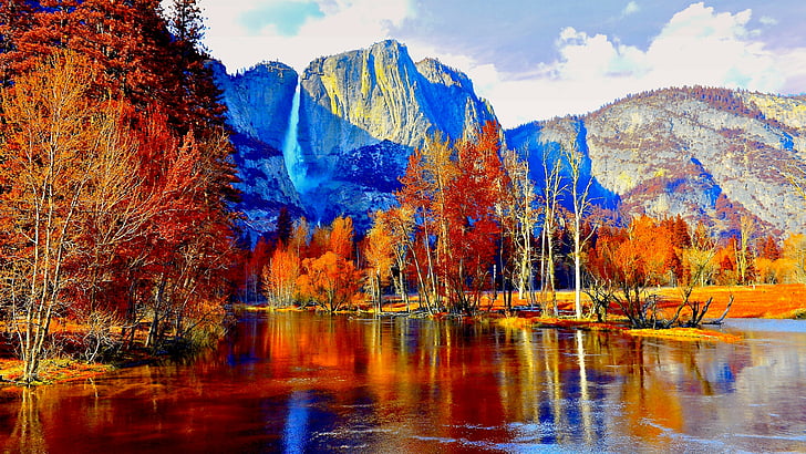 painting, united states, yosemite, yosemite national park, computer wallpaper, landscape, mount scenery, national park, tourist attraction, reflection, mountain, lake, sky, tree, autumn, leaf, water, nature, HD wallpaper