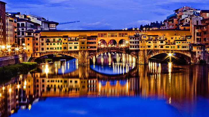 town, tourism, city lights, dusk, river, evening, sky, tourist attraction, night, cityscape, ponte vo, water, arno river, landmark, waterway, reflection, europe, florence, italy, bridge, HD wallpaper