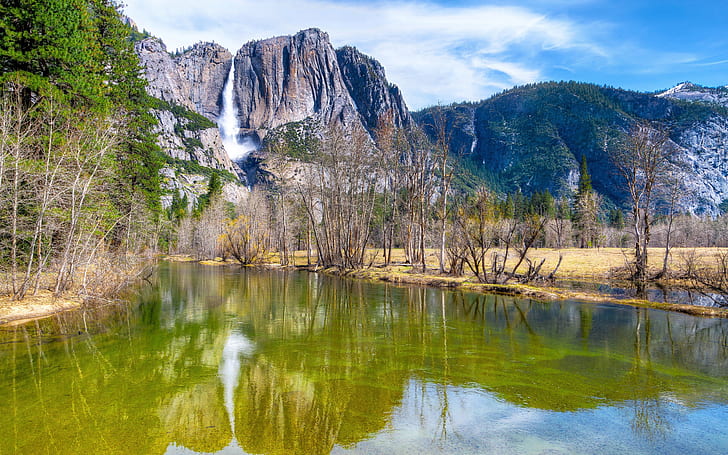 Yosemite National Park, Sierra Nevada, flod, berg, träd, vattenfall, vattenkropp, Yosemite, National, Park, Sierra, Nevada, River, Mountains, Trees, Waterfall, HD tapet