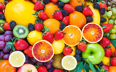 Frutas frescas, morangos, framboesas, laranja, maçã, kiwi, uva, frutas sortidas, Fresco, Frutas, Morangos, framboesas, laranja, maçã, kiwi, uva, HD papel de parede HD wallpaper