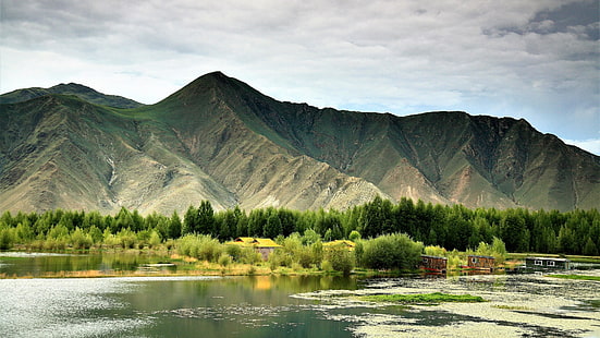 река, Лхаса, Тибет, Китай, река Лхаса, планини, природа, планински форми на релефа, планина, пустиня, планина, вода, небе, планински пейзаж, пейзаж, планинска верига, HD тапет HD wallpaper