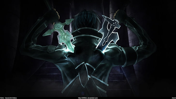 мужчина держит два меча цифровые обои, Sword Art Online, Киригая Казуто, HD обои