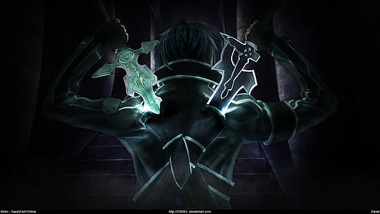 homem segurando o papel de parede digital de duas espadas, Sword Art Online, Kirigaya Kazuto, HD papel de parede HD wallpaper