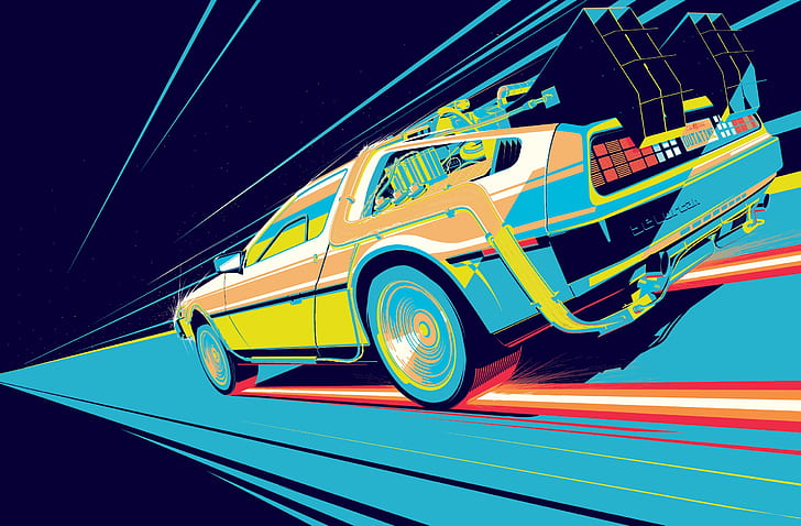 Машина на времето, кола, превозно средство, произведения на изкуството, DeLorean, Back to the Future, циан, HD тапет