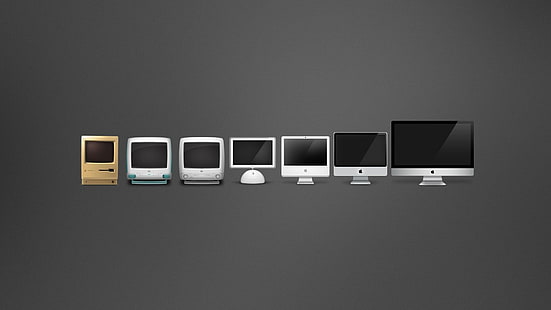 разные компьютерные мониторы, Apple Inc., компьютер, эволюция, серый фон, минимализм, imac, HD обои HD wallpaper