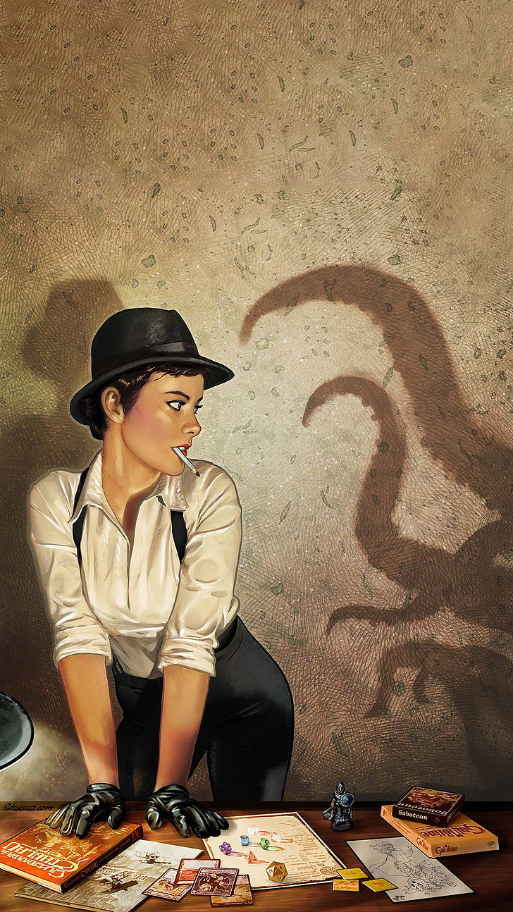 woman with shadow octopus illustration, H. P. Lovecraft, książki, Cthulhu, macki, rysunek, Tapety HD, tapety na telefon
