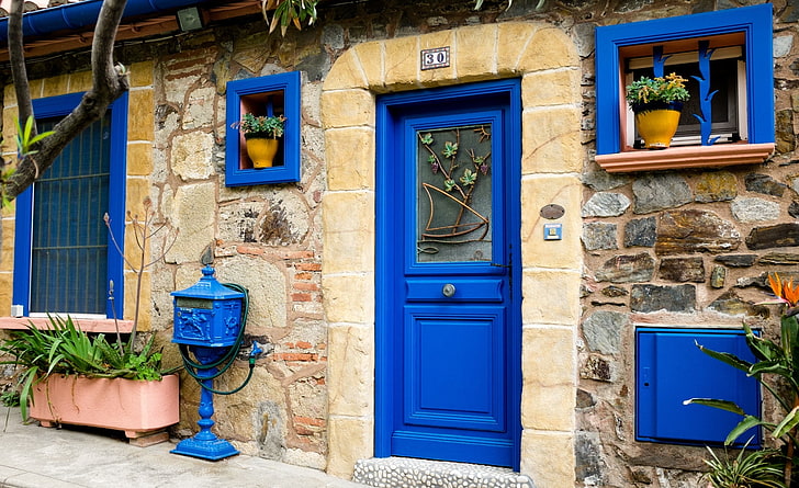 Puerta azul, puerta de madera azul, Europa, Francia, Azul, Puerta, Casa, Arquitectura, Windows, Fuji, entrada, x100s, Fujifilm, Collioure, comuna, Fondo de pantalla HD